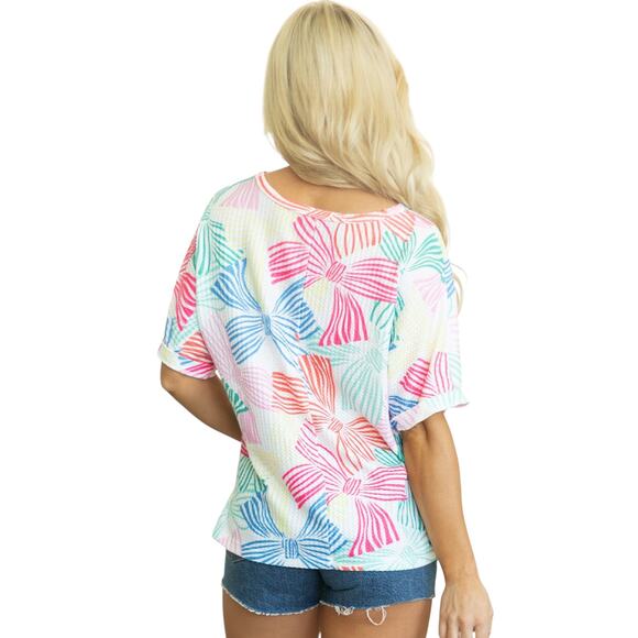 Multicolor Bowknot Printed Waffle Crew Neck Short  Sleeve Top New  M, L, XL - Picture 4 of 10